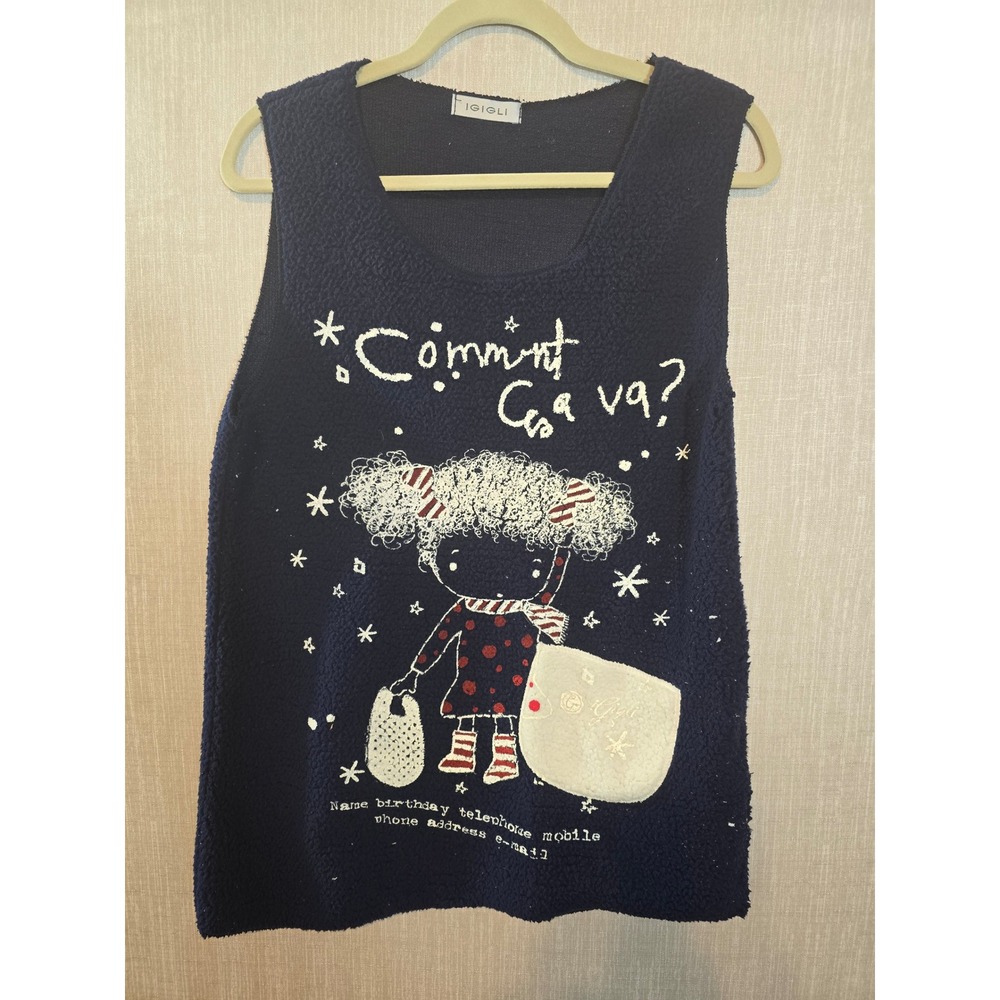IGIGLI Blue Sleeveless Top Graphic Print "Comment Ça Va?" Girl Design size M